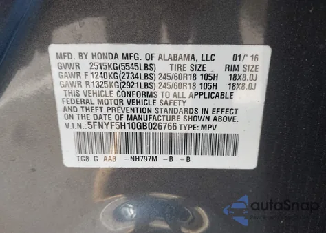 2016 Honda Pilot Lx z USA, uszkodzony, nr VIN 5FNYF5H10GB026766